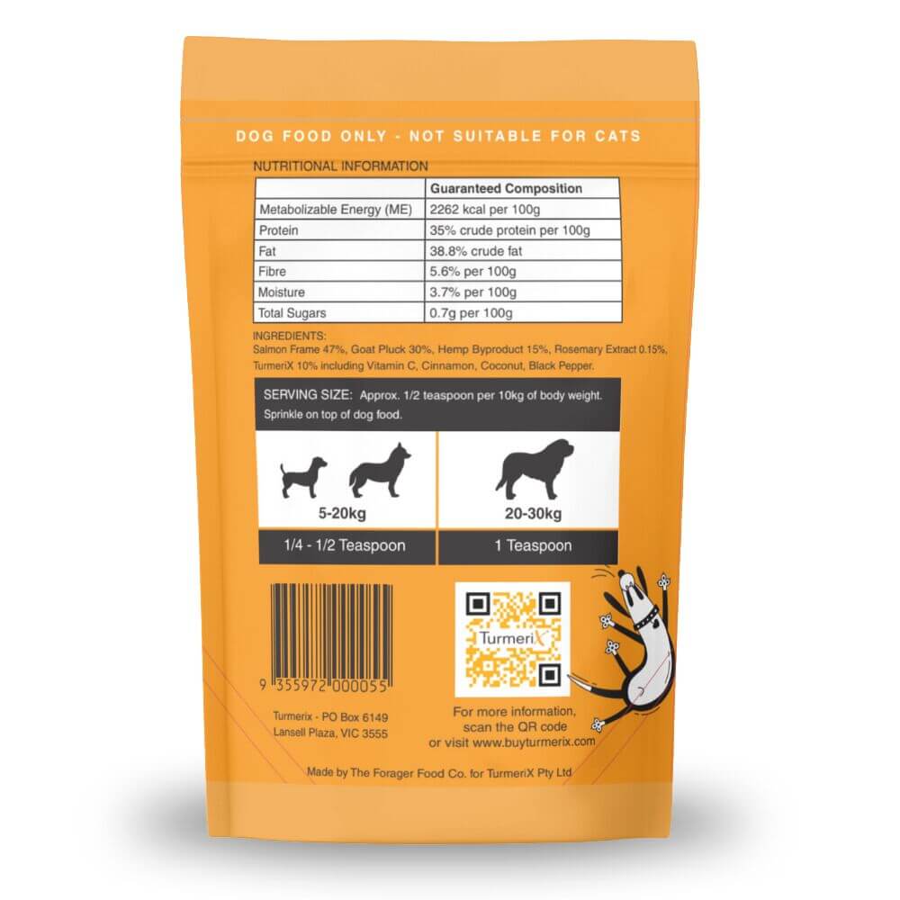 TurmeriX dog food topper with salmon goat and turmeric
