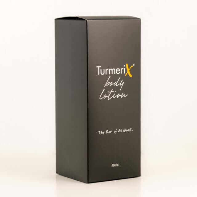 TurmeriX Body Lotion bottle close-up showing turmeric label