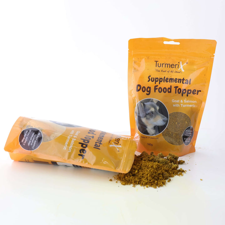 TurmeriX turmeric dog food topper sprinkled over dog meal